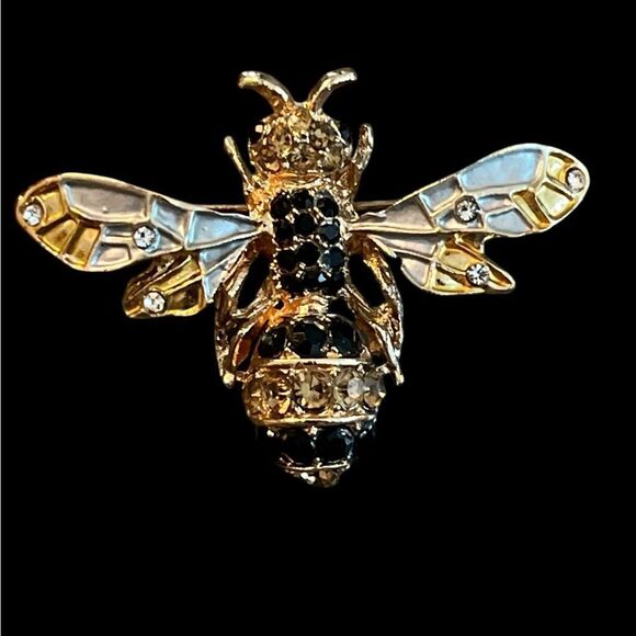 Gold and Black Bee Brooch Enameled Wings - Picture 1 of 3